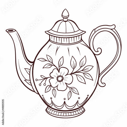 Hand drawn vintage teapot with flower kettle Vector
