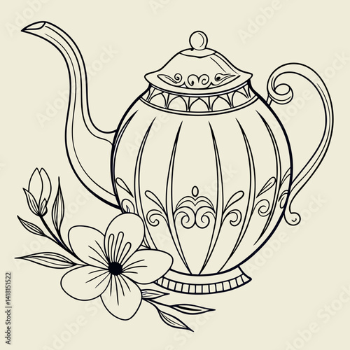Hand drawn vintage teapot with flower kettle Vector