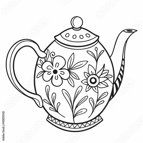 Hand drawn vintage teapot with flower kettle Vector