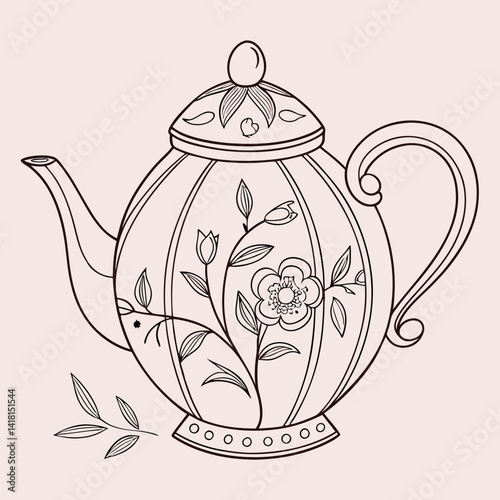 Hand drawn vintage teapot with flower kettle Vector