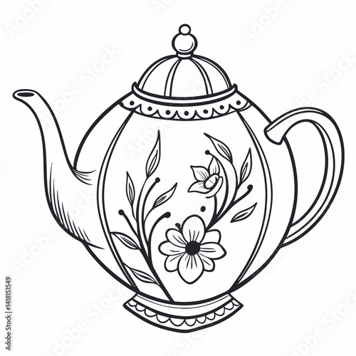 Hand drawn vintage teapot with flower kettle Vector