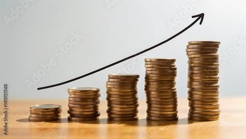 Coins stacked in ascending order with an upward arrow representing money growth in a financial market visual aid