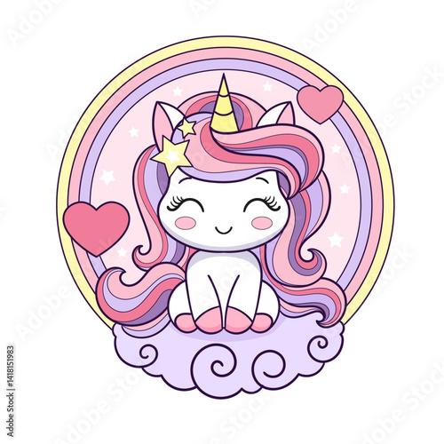 Little kawaii unicorn sits on a cloud under a rainbow. Round composition. Flat design. For children's design of prints, posters, cards, stickers, puzzles, etc. Vector illustration.
