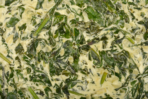 Obraz na plátne A close-up, top-down shot shows creamy spinach with visible green leaves and a l