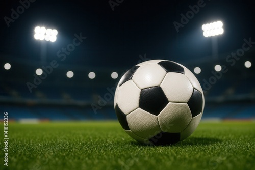Soccer ball resting on lush green field in illuminated stadium at night