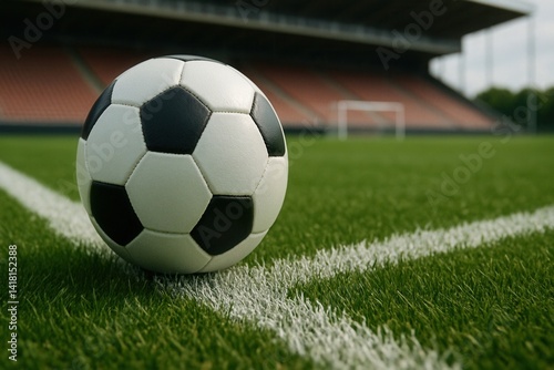 Soccer ball resting on lush green field in stadium awaits kickoff