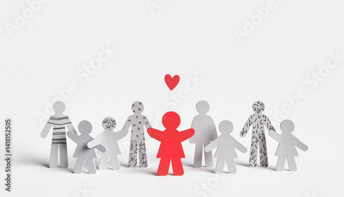 Joyful paper chain dolls holding hands with red heart, unity concept