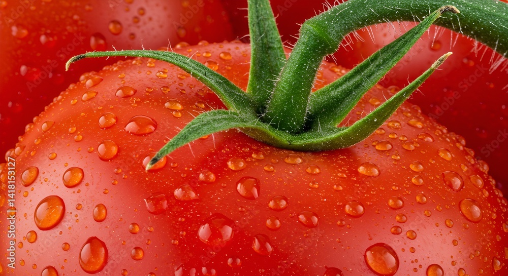 Fresh tomato, juicy with water droplets, close-up, on blurred background