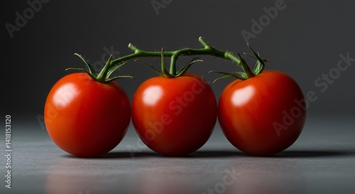 Three ripe tomatoes, vibrant red, on a gray surface, artistic composition