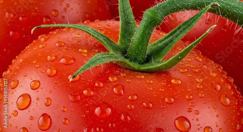 Obraz na płótnie Fresh tomato, juicy with water droplets, close-up, on blurred background w salonie