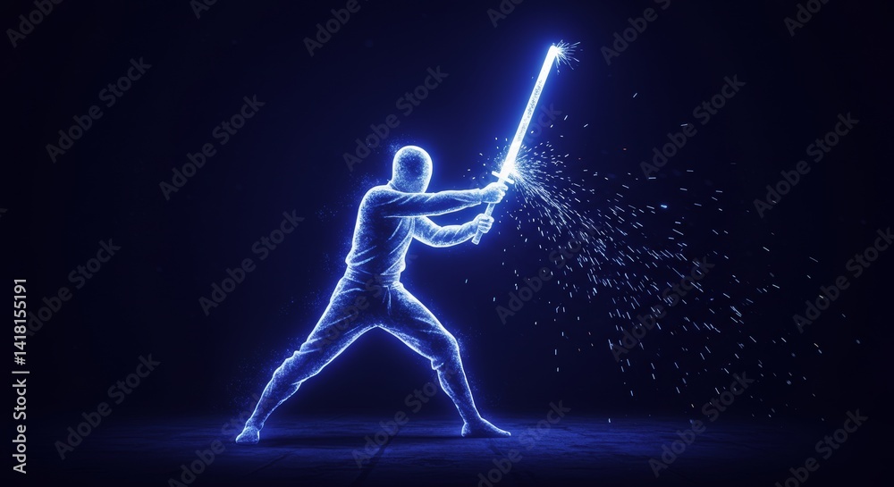 Luminous silhouette wielding a glowing sword, sparks in energetic kendo clash Luminous silhouette wielding a glowing sword, sparks in energetic kendo clash
