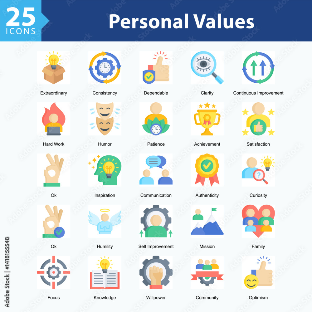 Personal Values is a collection of icons in sheet format representing personal values, character strengths, and positive qualities that define individual identity. Personal Values is a collection of icons in sheet format representing personal values, character strengths, and positive qualities that define individual identity.