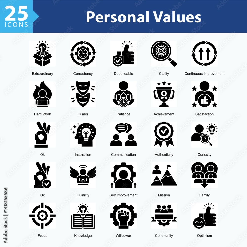 Personal Values is a collection of icons in sheet format representing personal values, character strengths, and positive qualities that define individual identity. Personal Values is a collection of icons in sheet format representing personal values, character strengths, and positive qualities that define individual identity.