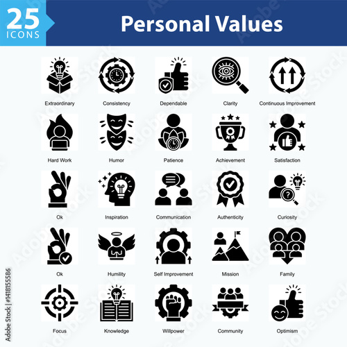 Personal Values ​​is a collection of icons in sheet format representing personal values, character strengths, and positive qualities that define individual identity.