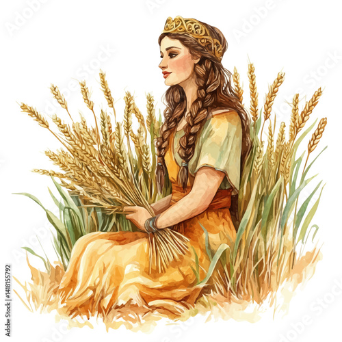 Greek Goddess Demeter In A Field Of Wheat, watercolor vector, isolated on a white background.