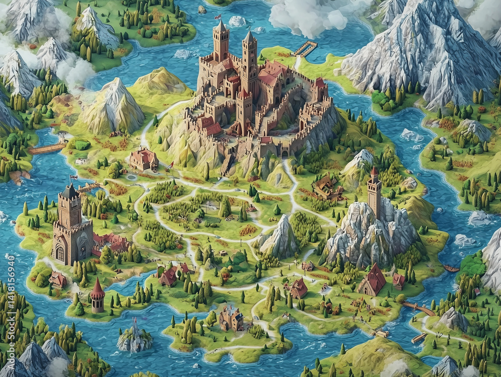 Fototapeta premium isometric fantasy map, 3D terrain showing mountains, forests, lakes and castles