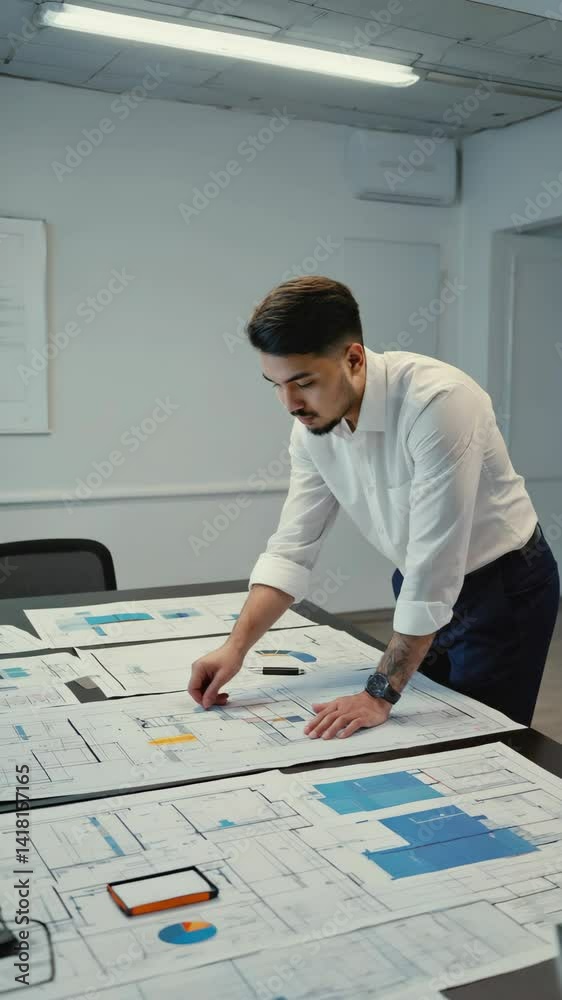 Young professional man reviews architectural plans laid out on a table in a modern office, concentrating and pointing at details on the large drawings.