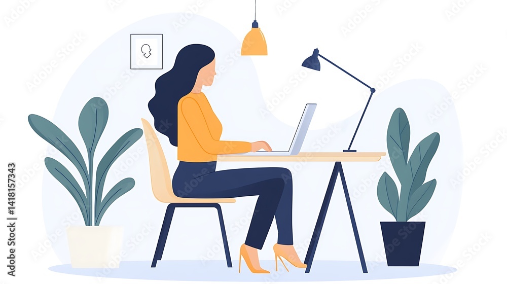 Digital Workspace Serenity: A woman is engrossed in her work. surrounded by the lush greenery of indoor plants. Digital Workspace Serenity: A woman is engrossed in her work. surrounded by the lush greenery of indoor plants.