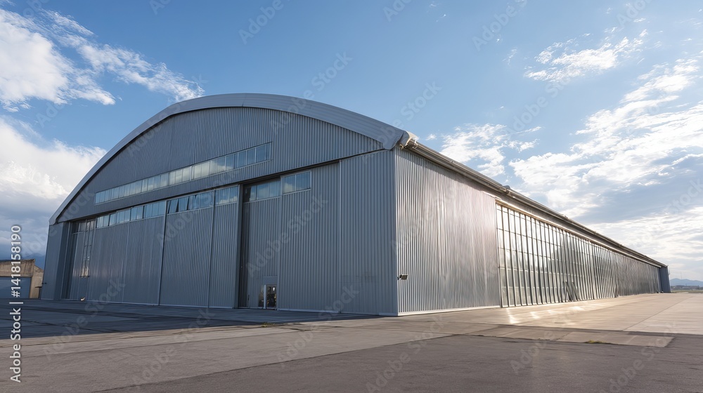 Front facade of metalprofile warehouse hangar Clean industrial exterior for logistic facility Front facade of metalprofile warehouse hangar Clean industrial exterior for logistic facility