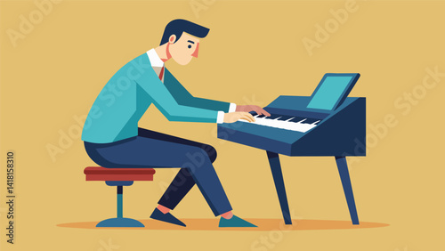 As they practice the organists posture becomes more and more relaxed their movements fluid and effortless.. Vector illustration