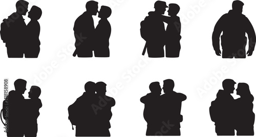 Black vector silhouettes of couples embracing, ideal for love, romance, and relationship themed