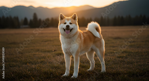 Fototapeta Naklejka Na Ścianę i Meble -  An Akita dog enjoying a beautiful sunset in a field with mountains in the distance.