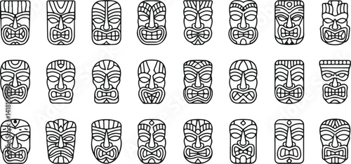 Black vector silhouettes of tiki masks, perfect for tropical, Polynesian, and exotic themed decorative illustrations