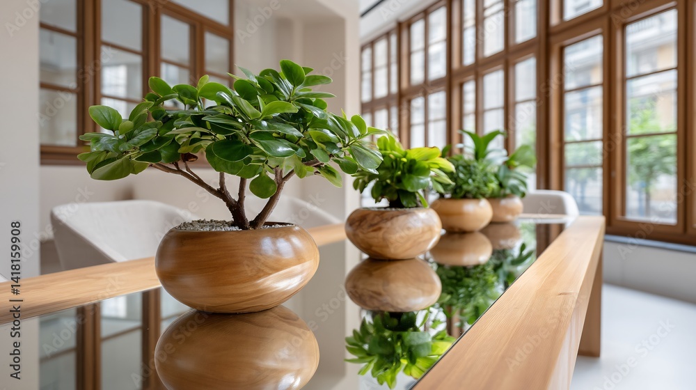A cluster of peperomia in ceramic bowls on a glass boardroom table, sunlight entering through tinted bay windows creating reflections A cluster of peperomia in ceramic bowls on a glass boardroom table, sunlight entering through tinted bay windows creating reflections