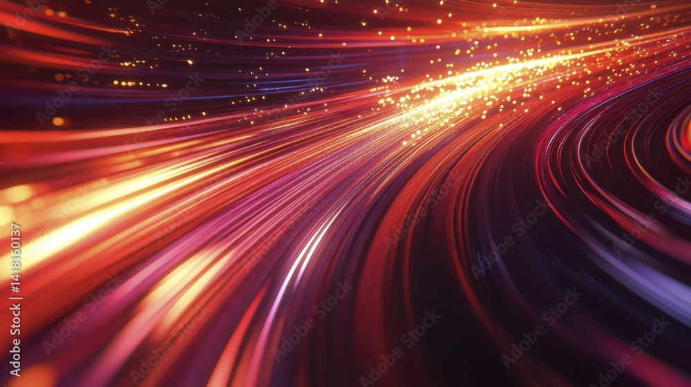 Curving streaks of light in red orange and blue with glowing particles flowing motion energy Curving streaks of light in red orange and blue with glowing particles flowing motion energy