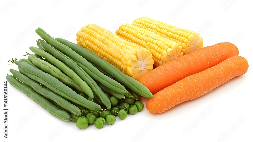 Fresh green beans, sweetcorn cobs, and bright orange carrots with peas arranged together on a white background.  Healthy, vibrant vegetables perfect for a meal.