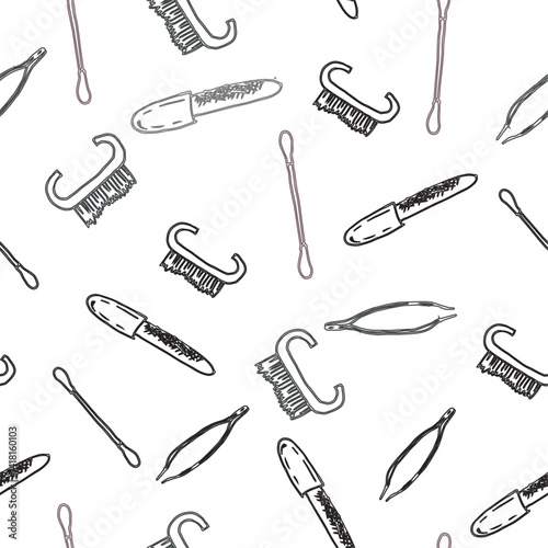 daily self care concept spa care brush tweezers cotton swab manicure set seamless pattern doodle hand drawn vector graphics for salons
