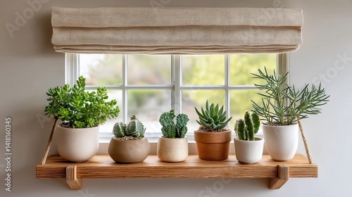 A collection of cacti and succulents on a floating shelf under a roller shadeâ€‘filtered window, soft light highlighting varied textures