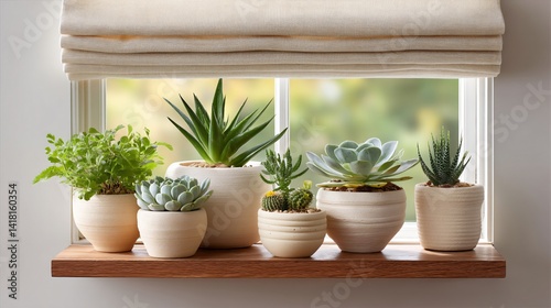 A collection of cacti and succulents on a floating shelf under a roller shadeâ€‘filtered window, soft light highlighting varied textures