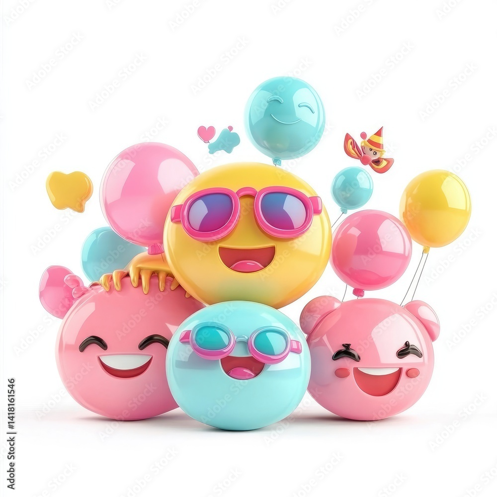 Joyful emoji characters with colorful balloons. Joyful emoji characters with colorful balloons.