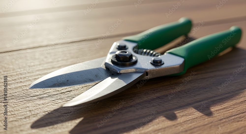 Gardening shears, metallic, vintage style, green handles, on wooden surface, copy space