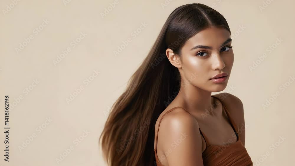 Portrait of attractive woman with smooth, flowing brown hair, posing against a neutral backdrop in a beauty advertisement campaign Portrait of attractive woman with smooth, flowing brown hair, posing against a neutral backdrop in a beauty advertisement campaign