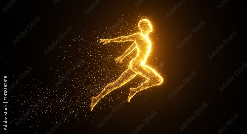 Radiant golden figure in dynamic motion symbolizing vitality and energy burst Radiant golden figure in dynamic motion symbolizing vitality and energy burst