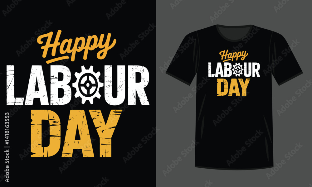 Happy Labour Day T-Shirt Design with Gear Icon | Retro Font and Symbol |Typography for Shirt Print | black t-shirt, Vector Happy Labour Day T-Shirt Design with Gear Icon | Retro Font and Symbol |Typography for Shirt Print | black t-shirt, Vector