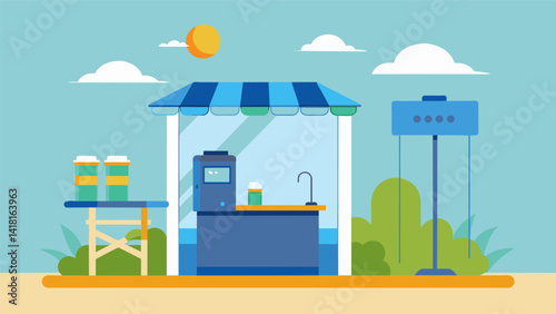 A booth featuring a startup companys invention of solarpowered water filtration systems providing clean drinking water in areas with limited access.. Vector illustration