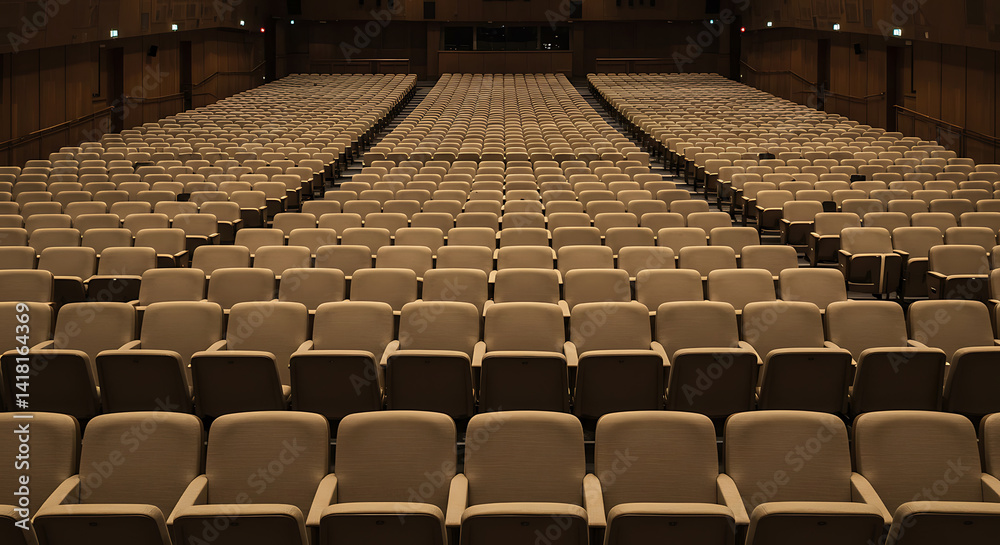 Naklejka premium Empty rows of beige and brown seats in a large auditorium or conference hall, with rows receding into the distance, concept for event venues, presentations and public gatherings