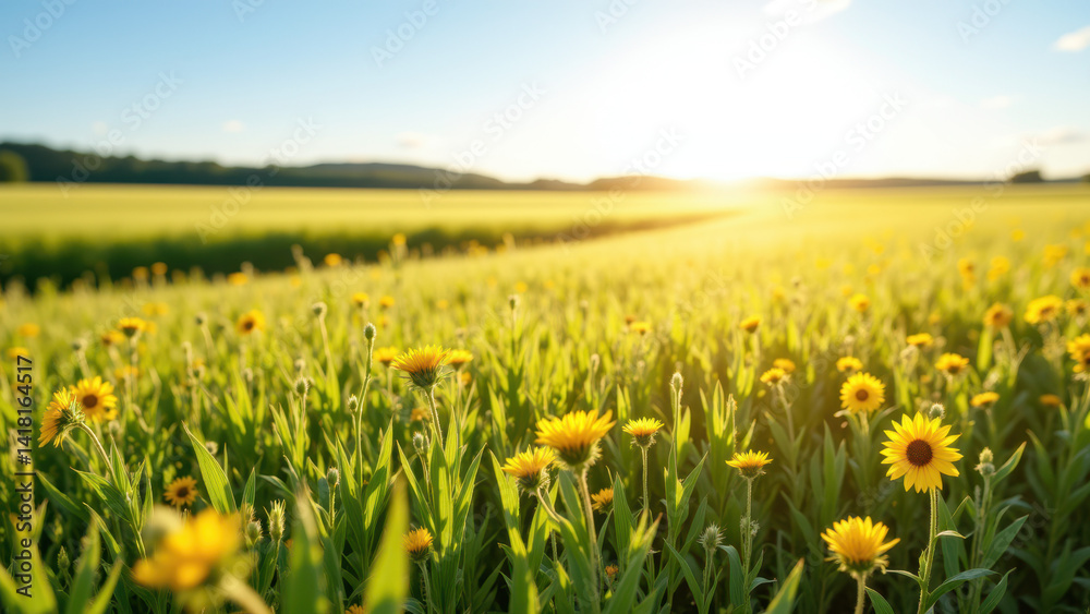 Sunlit field with yellow wildflowers and crops, showcasing vibrant natural agriculture.