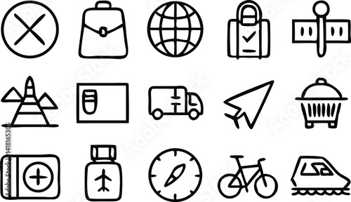 Travel Icon Set for Tourism and Adventure Design. Clean Travel Icons for Apps and Booking Websites.
Minimal Line Icons for Travel and Vacation Projects. Black Outline Travel Icons for Web and Mobile