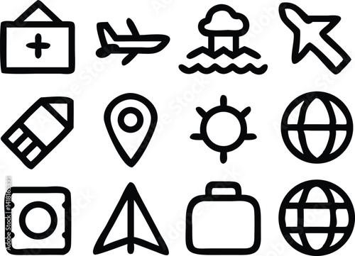 Travel Icon Set for Tourism and Adventure Design. Clean Travel Icons for Apps and Booking Websites.
Minimal Line Icons for Travel and Vacation Projects. Black Outline Travel Icons for Web and Mobile