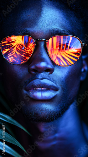 Portrait of a man in bright glasses with reflection of palm trees. Contrasting light and rich colors create a spectacular atmosphere and stylish image in a tropical environment.