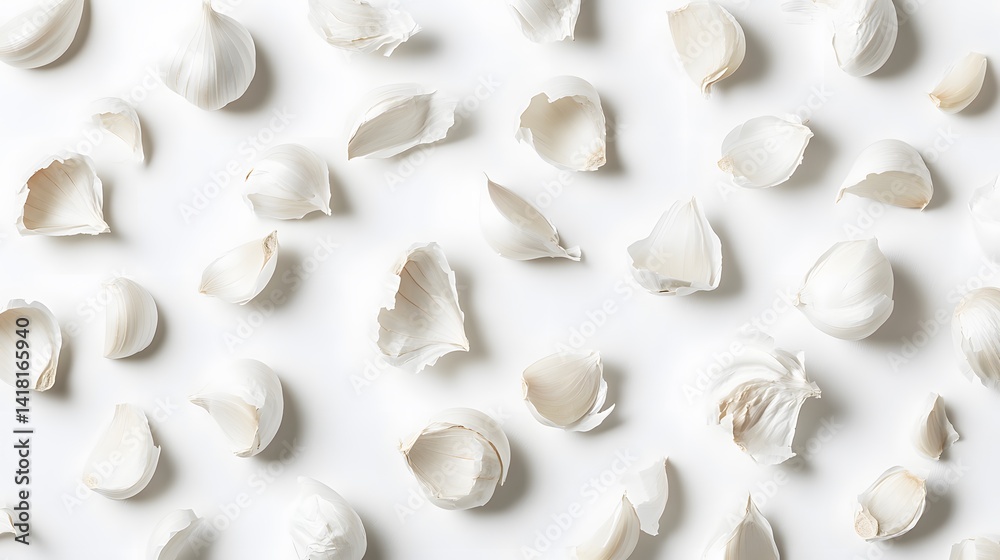 Overhead shot of garlic cloves and peels scattered on a white background. Minimalist food photography with a clean aesthetic, perfect for culinary or health-related projects. Overhead shot of garlic cloves and peels scattered on a white background. Minimalist food photography with a clean aesthetic, perfect for culinary or health-related projects.