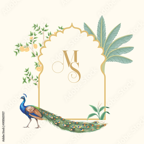 Traditional Mughal Wedding Monogram Design. Pichwai, Mughal, traditional theme Monogram 
design for wedding. 