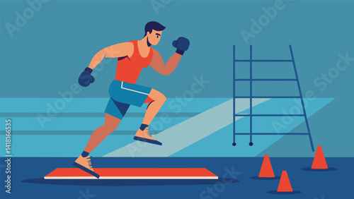In one corner of the virtual gym a boxer practices their footwork and agility on a virtual agility ladder.. Vector illustration