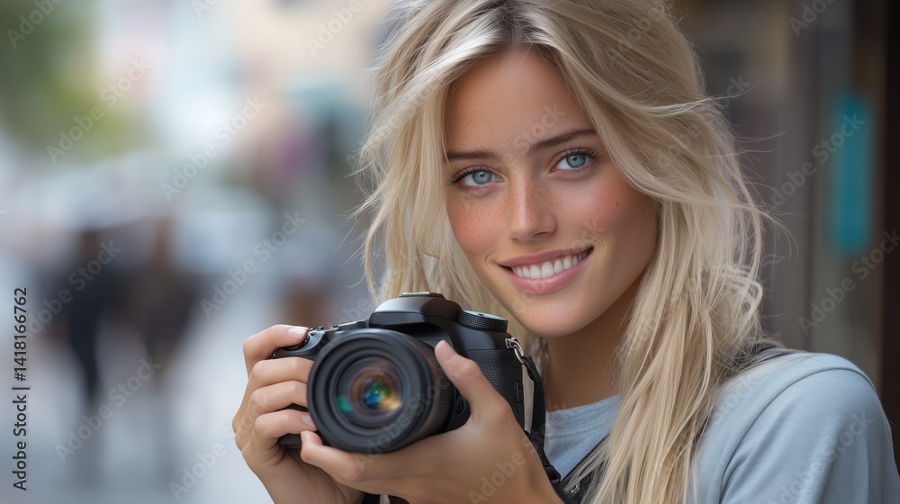 Natural portrait of a smiling woman with a camera in a vibrant street setting during daytime Natural portrait of a smiling woman with a camera in a vibrant street setting during daytime