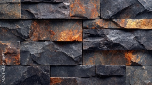 Dark stone wall tiles create a modern, textured surface.