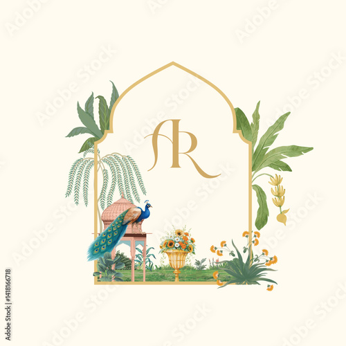 Traditional Mughal Wedding Monogram Design. Pichwai, Mughal, traditional theme Monogram 
design for wedding. 